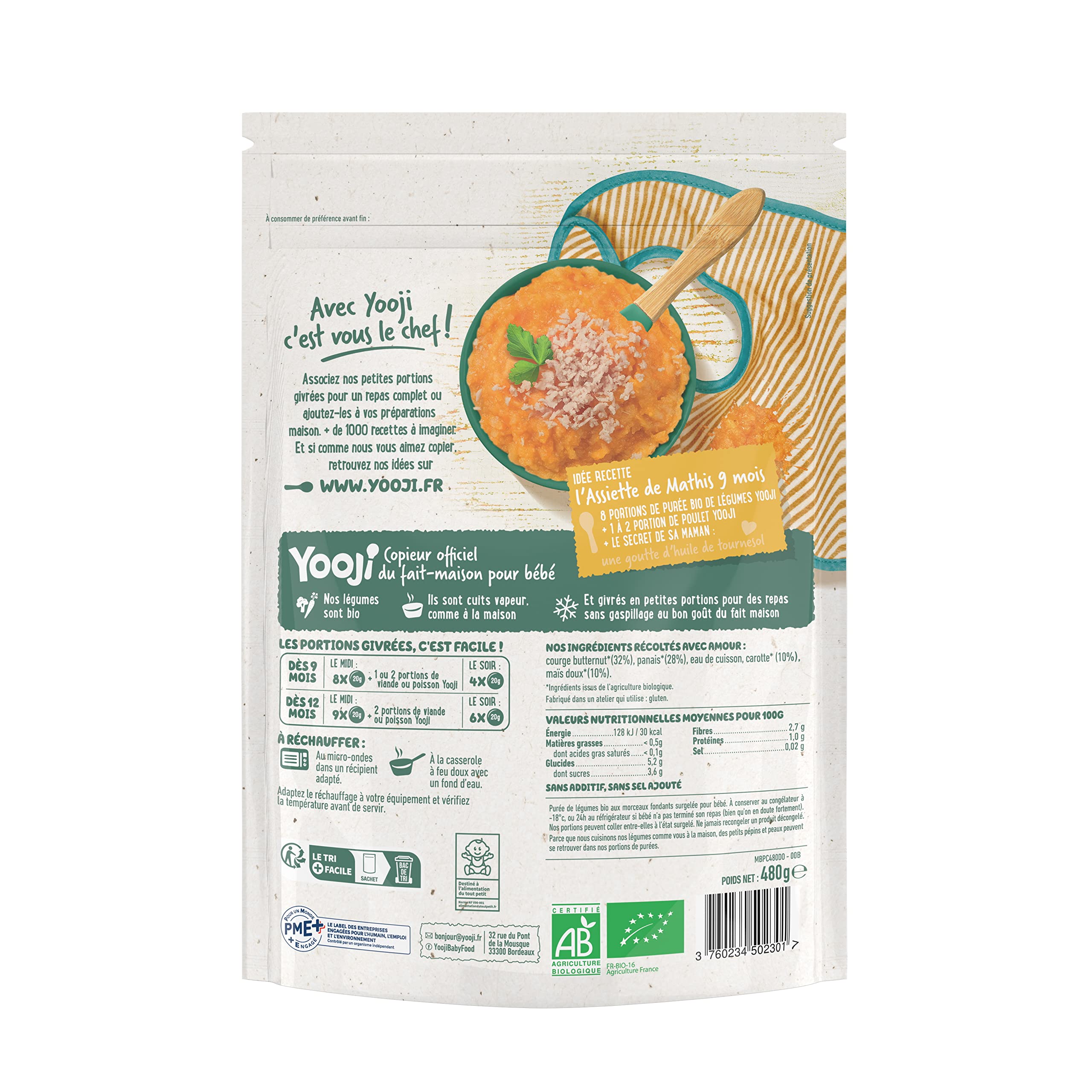 Yooji Purée Lisse Courge Butternut Bio Lot 3x480g dès 4 mois