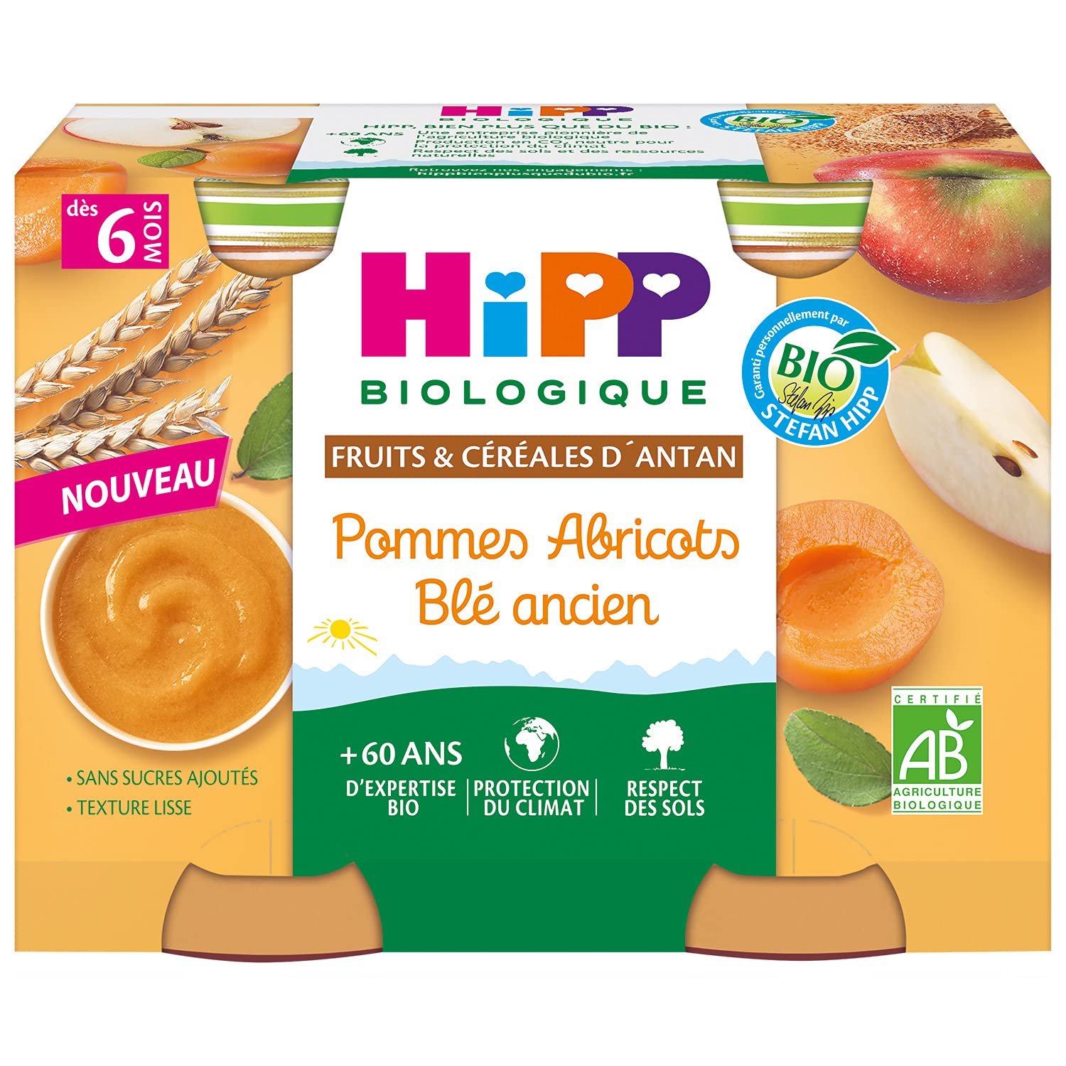 HiPP Biologique Pommes Abricots Blé Ancien compote bébé 6 mois lot 24