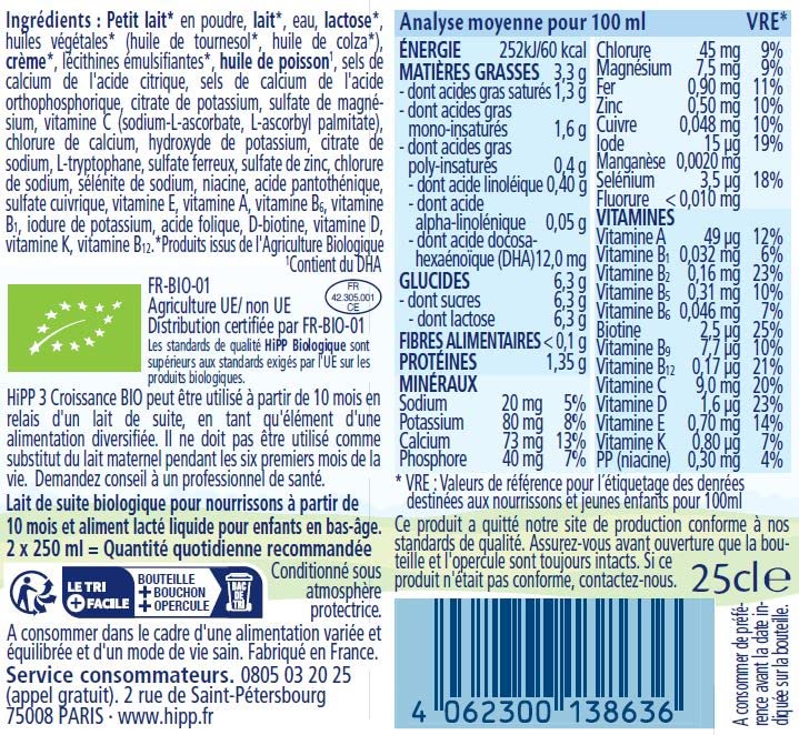 HiPP Laits Croissance lait bébé 10 mois 6x25cl lot 4