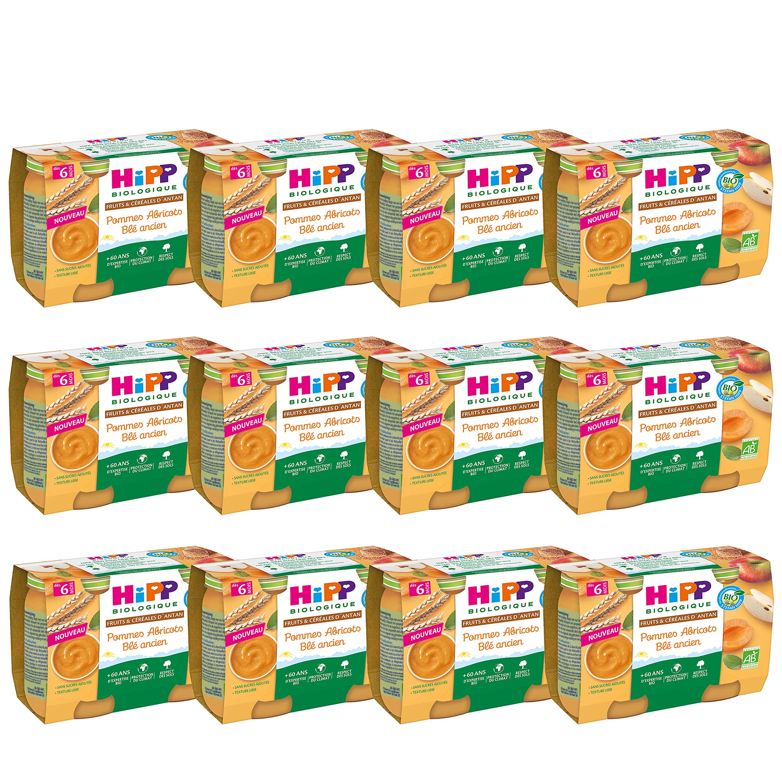 HiPP Biologique Pommes Abricots Blé Ancien compote bébé 6 mois lot 24
