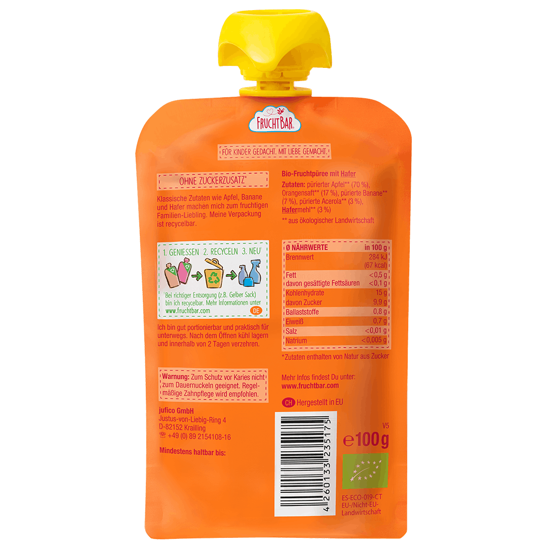 FruchtBar Bio Quetschies Pomme Banane Avoine gourde 6 mois