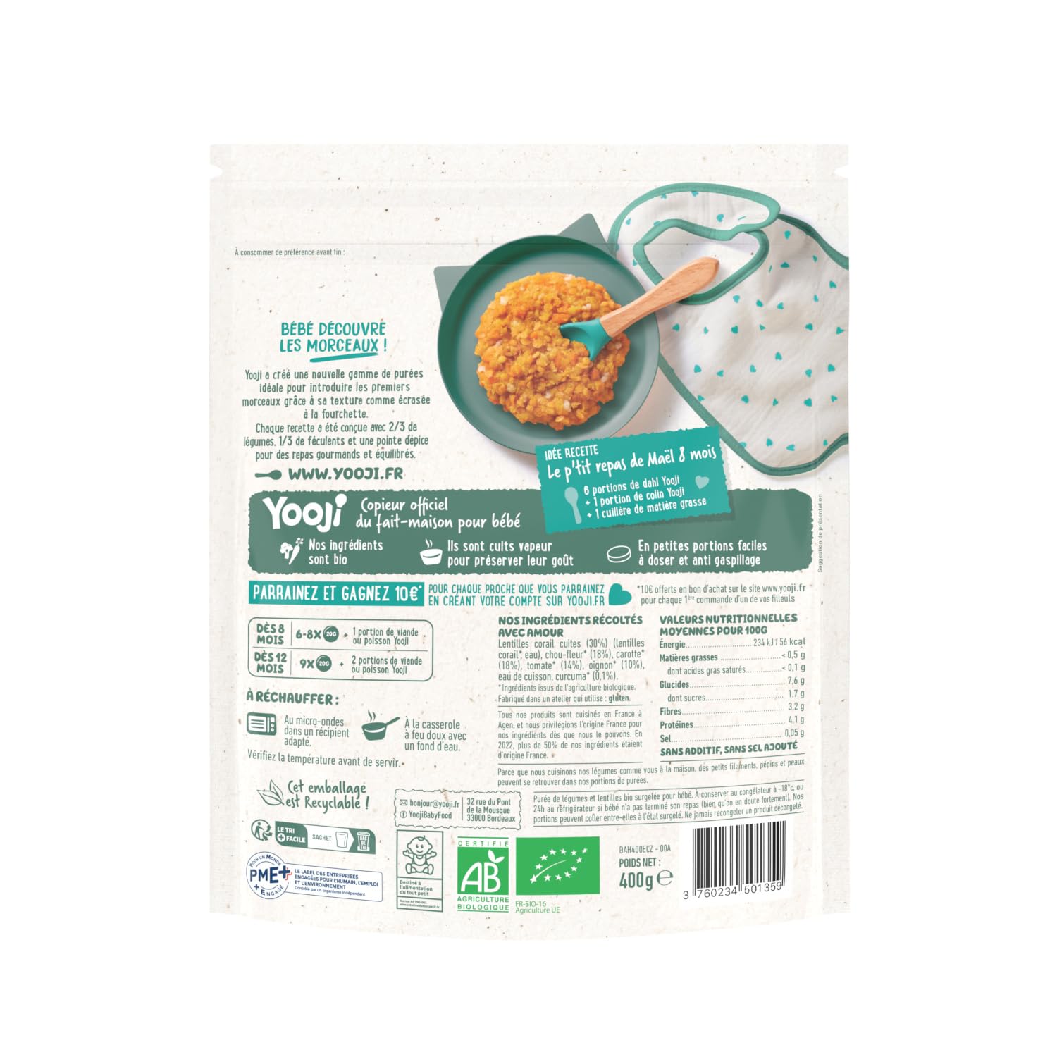 Yooji Écrasé Dahl purée bébé bio 8 mois 3x400g