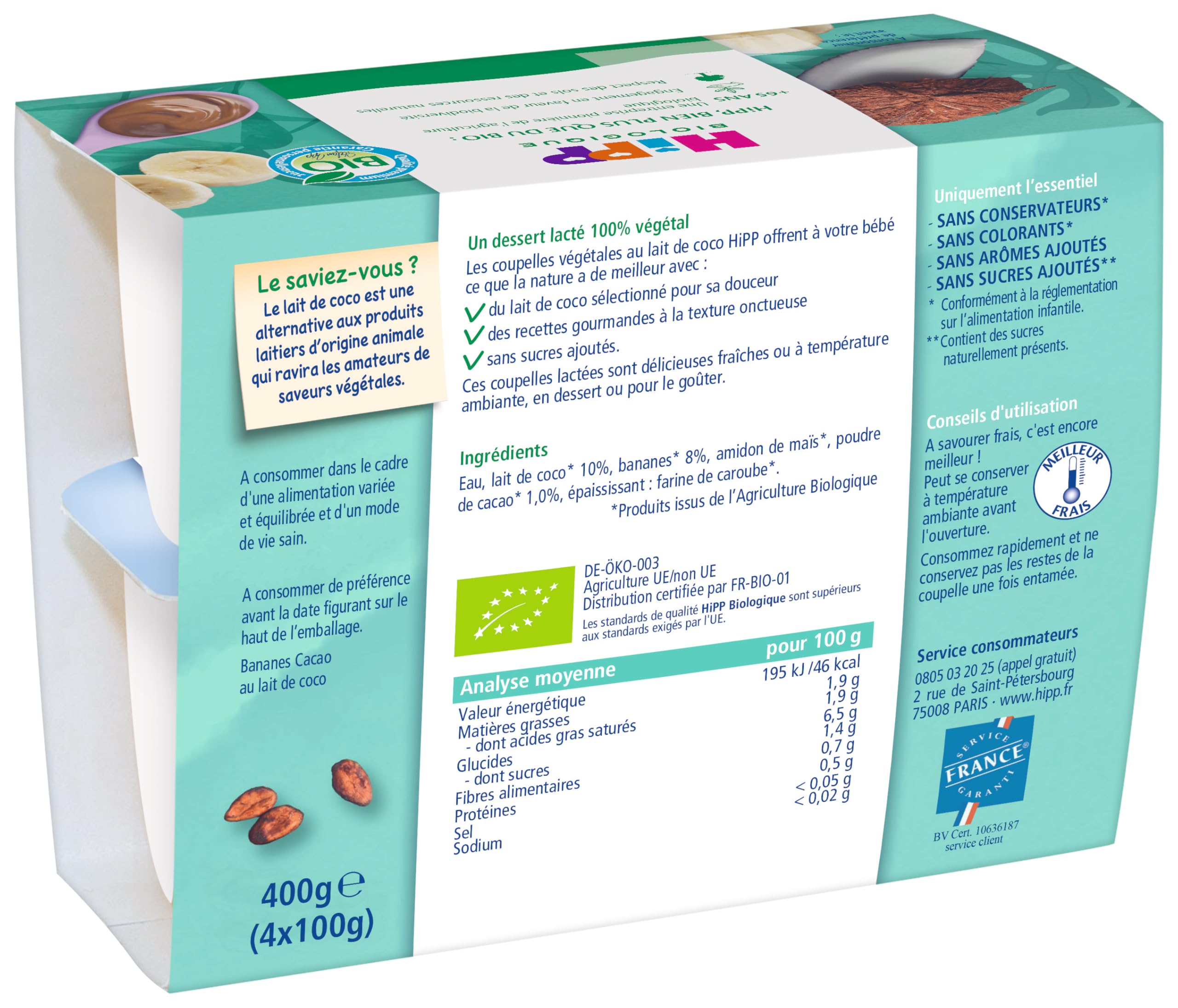 HiPP Fruits en coupelles banane cacao coco dessert 4x100g