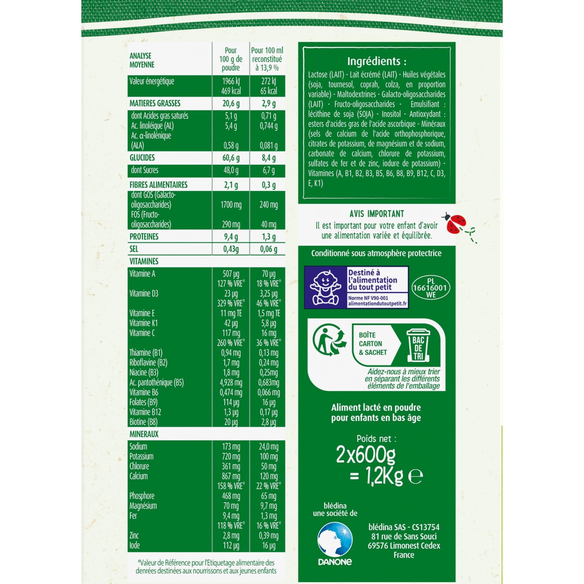 Blédina Blédilait Croissance lait poudre dès 12 mois 3x1,2kg fer