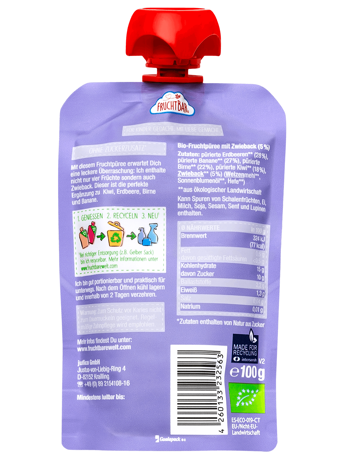 FruchtBar Bio Quetschies Kiwi Fraise gourde bébé bio 6 mois