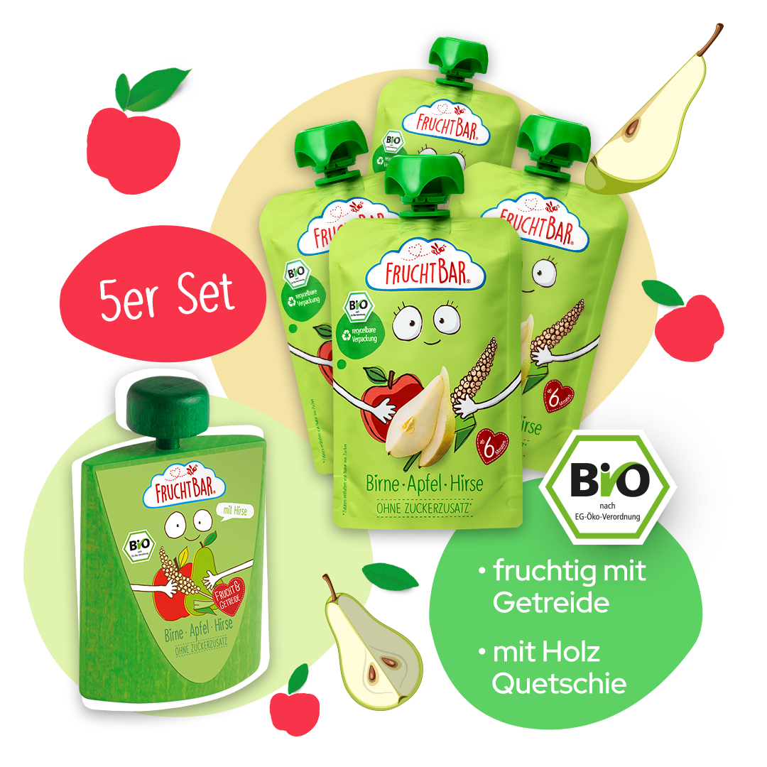 FruchtBar Bio Quetschies poire pomme millet + jouet bois