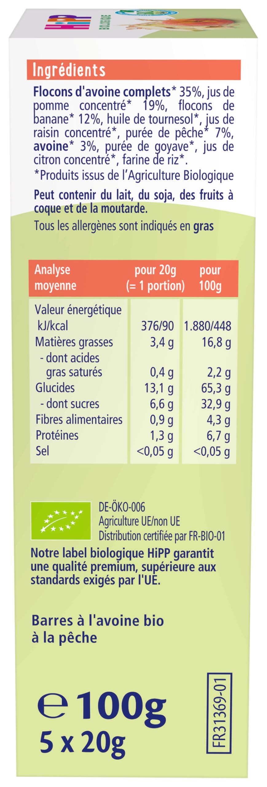 HiPP Goûters Barres Avoine Pêche Snack 5x20g Bio