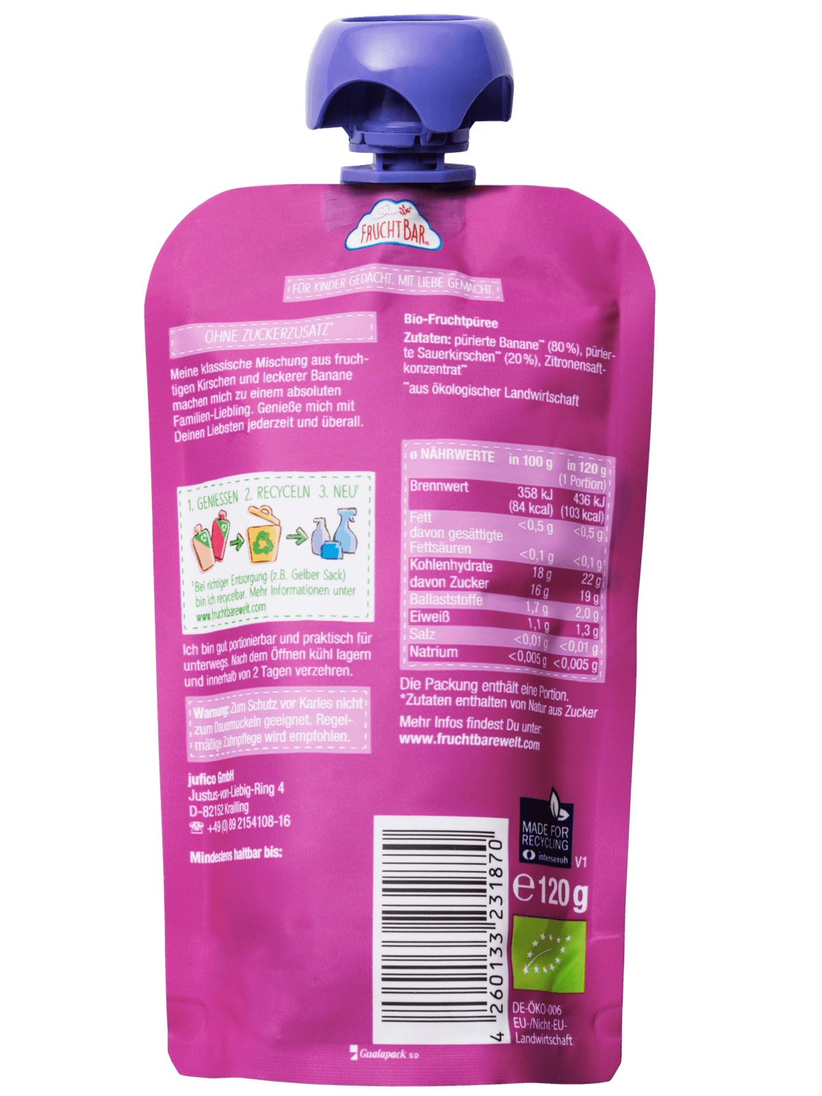 FruchtBar Bio Quetschies Gourde Cerise Banane 120g dès 6 mois