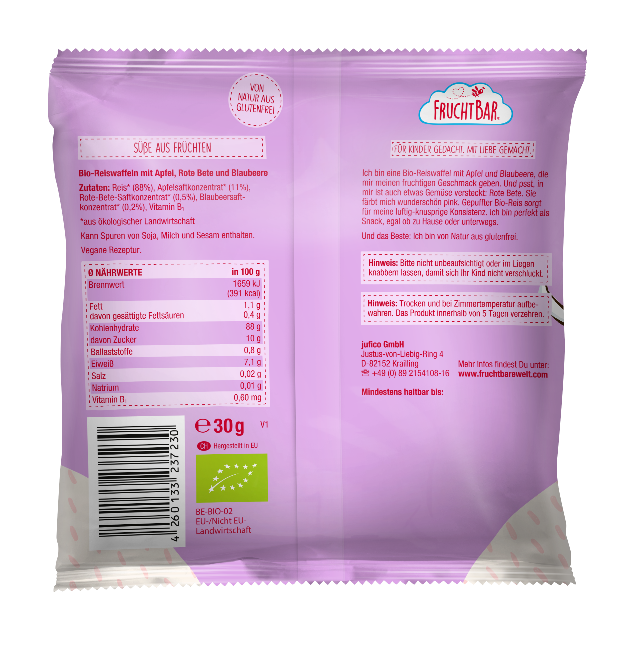 FruchtBar Bio Snacks galette riz pomme myrtille 8 mois