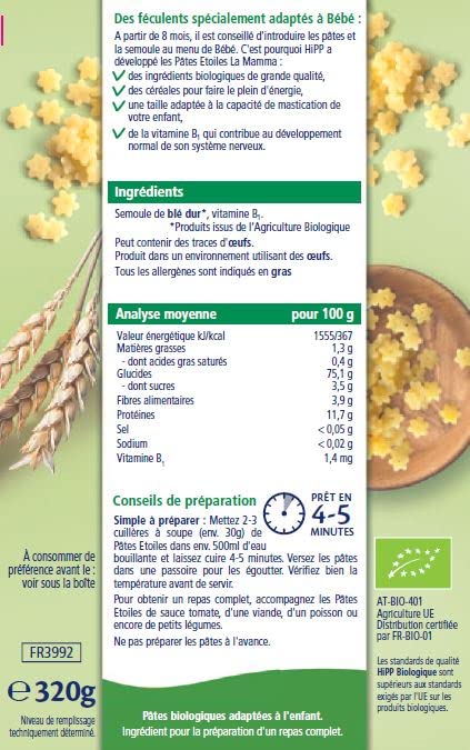 HiPP Céréales Pâtes Étoiles Bébé Bio 320 g Lot 6