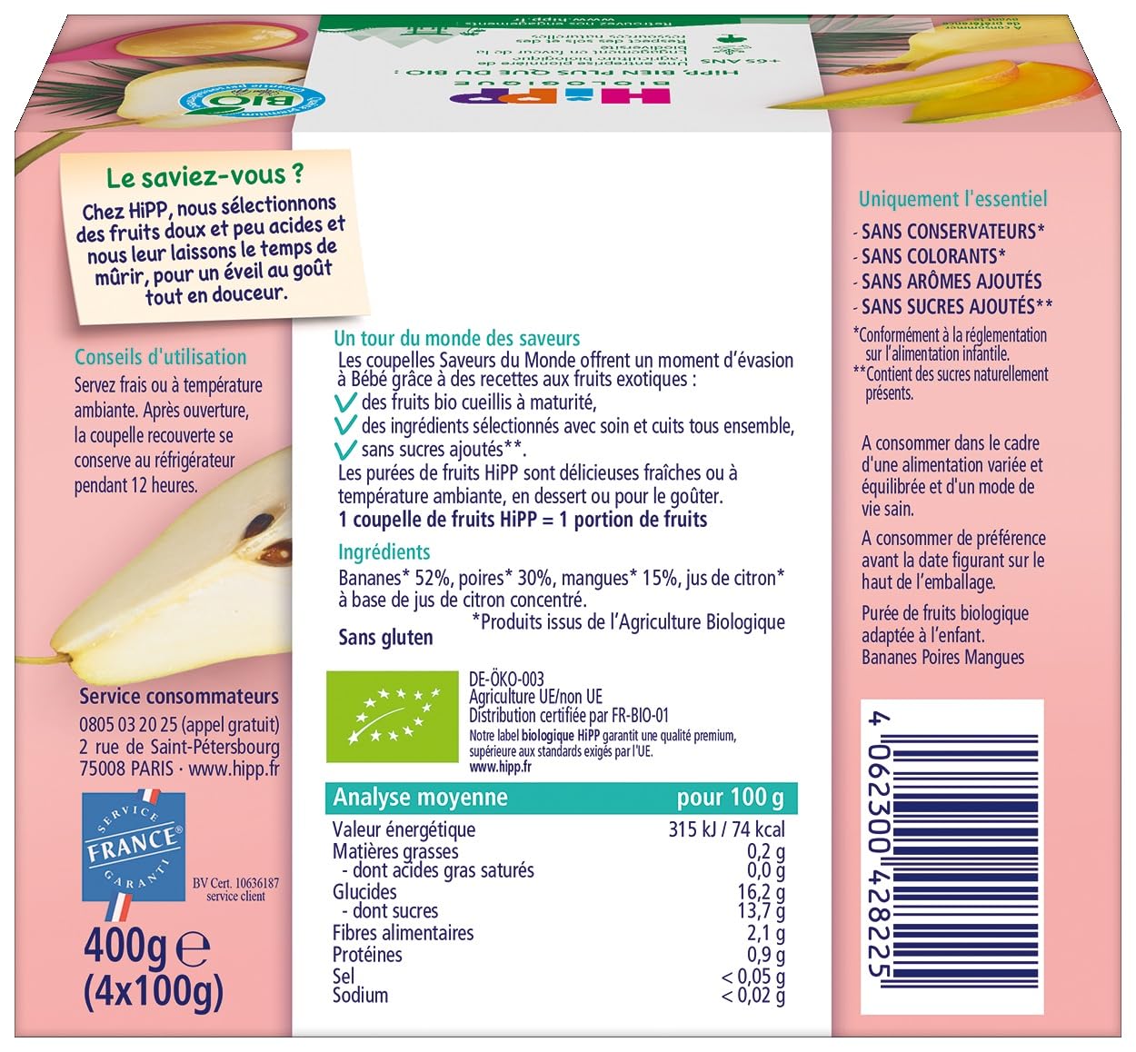 HiPP Fruits en coupelles Bananes Poires Mangues 4x100g bio