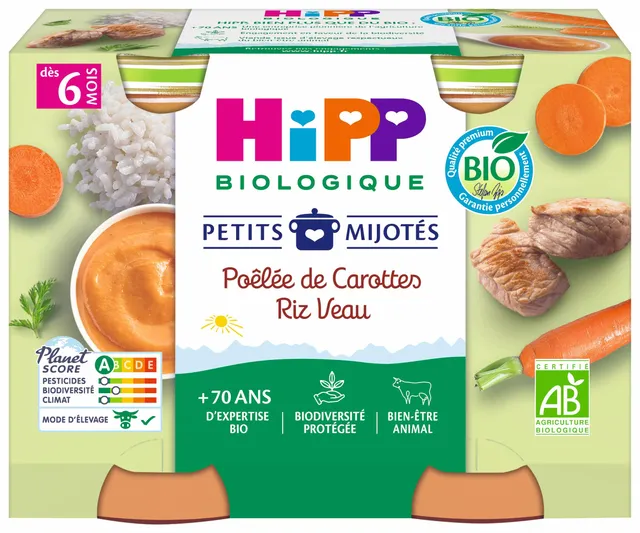HiPP Petits Mijotés Poêlée Carottes Riz Veau Plat 2x190g
