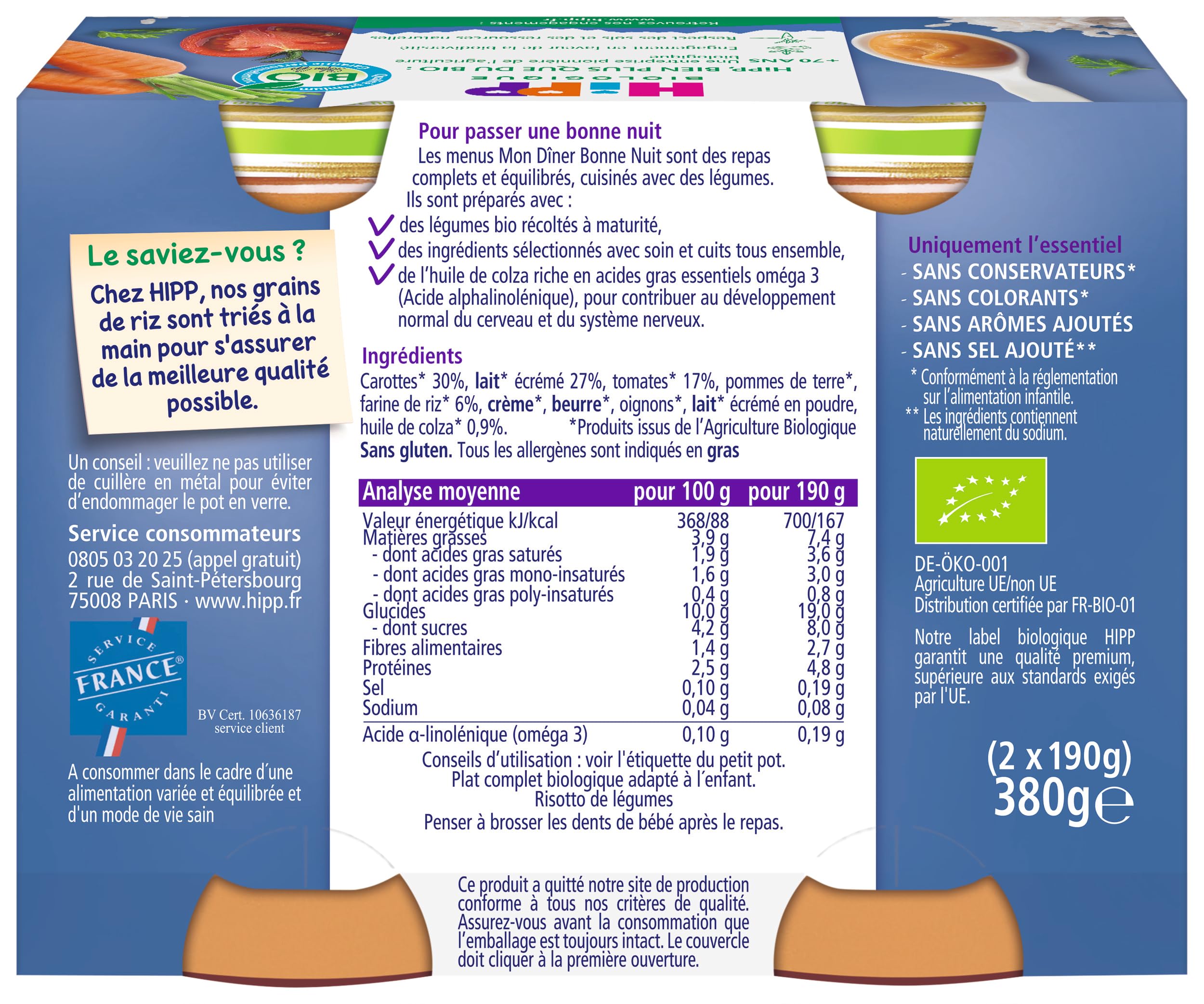 HiPP Menus du Soir Risotto de Légumes Petit Pot 190 g Bio