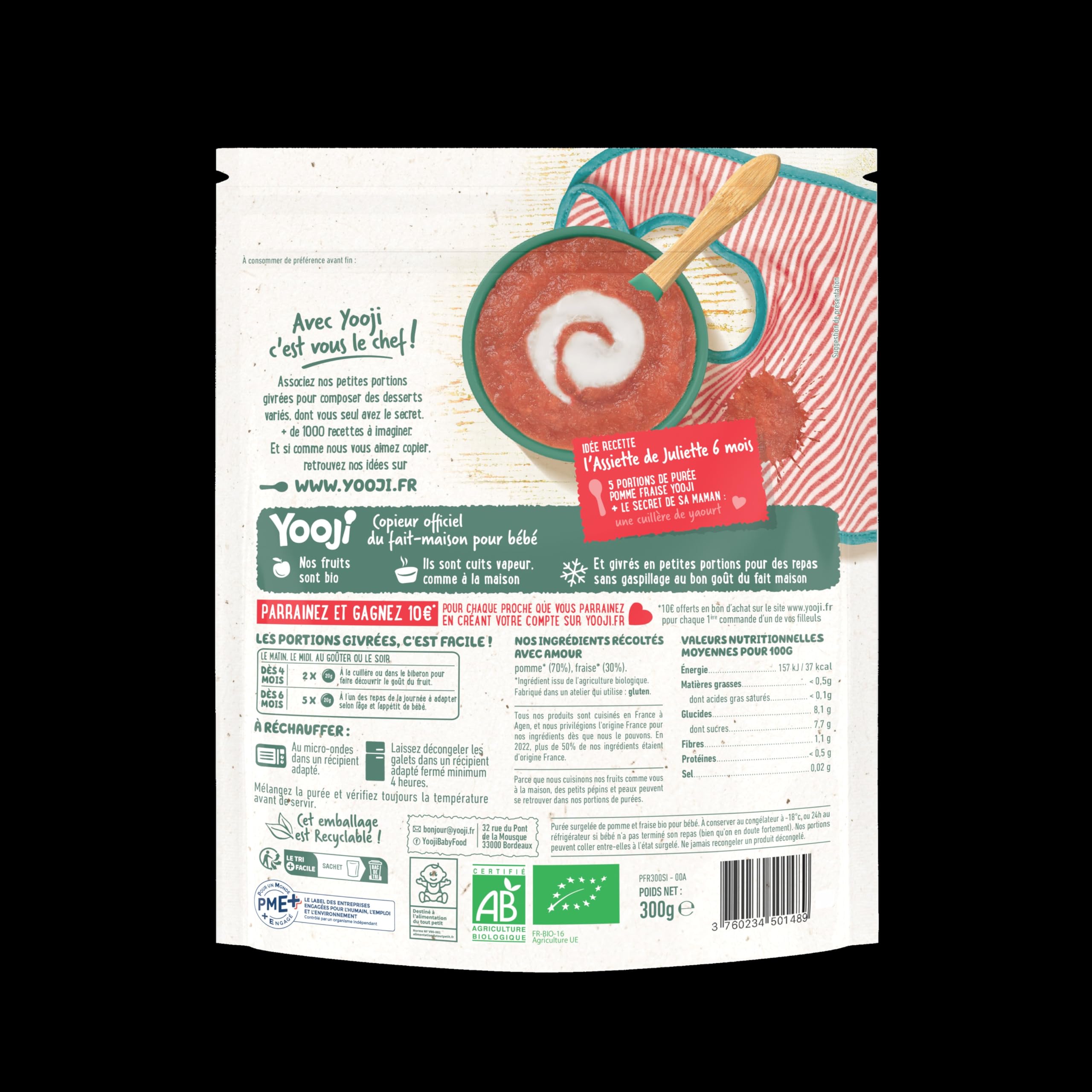 Yooji Purée lisse pomme dessert bébé bio 4 mois 4x300g