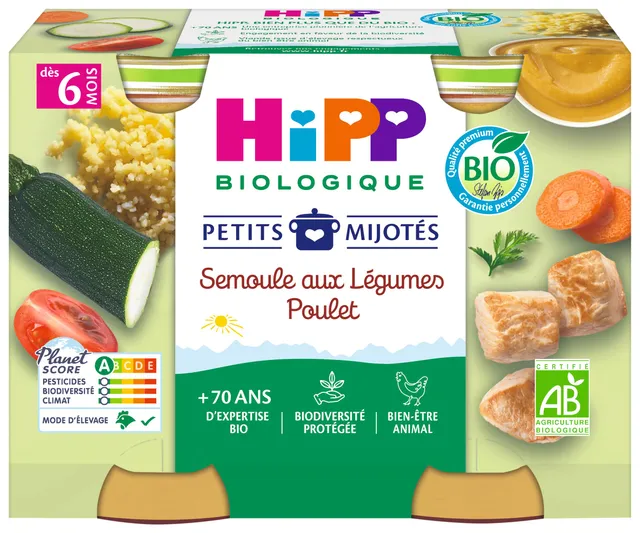 HiPP Menus du midi semoule légumes poulet pot 2x190g