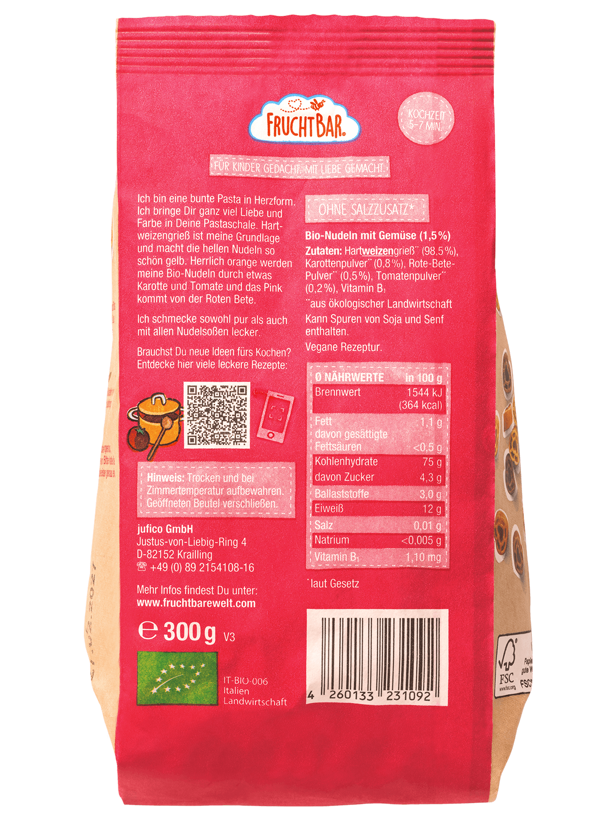 FruchtBar Bio Nudeln Herznudeln Carotte pâtes bio dès 12 mois