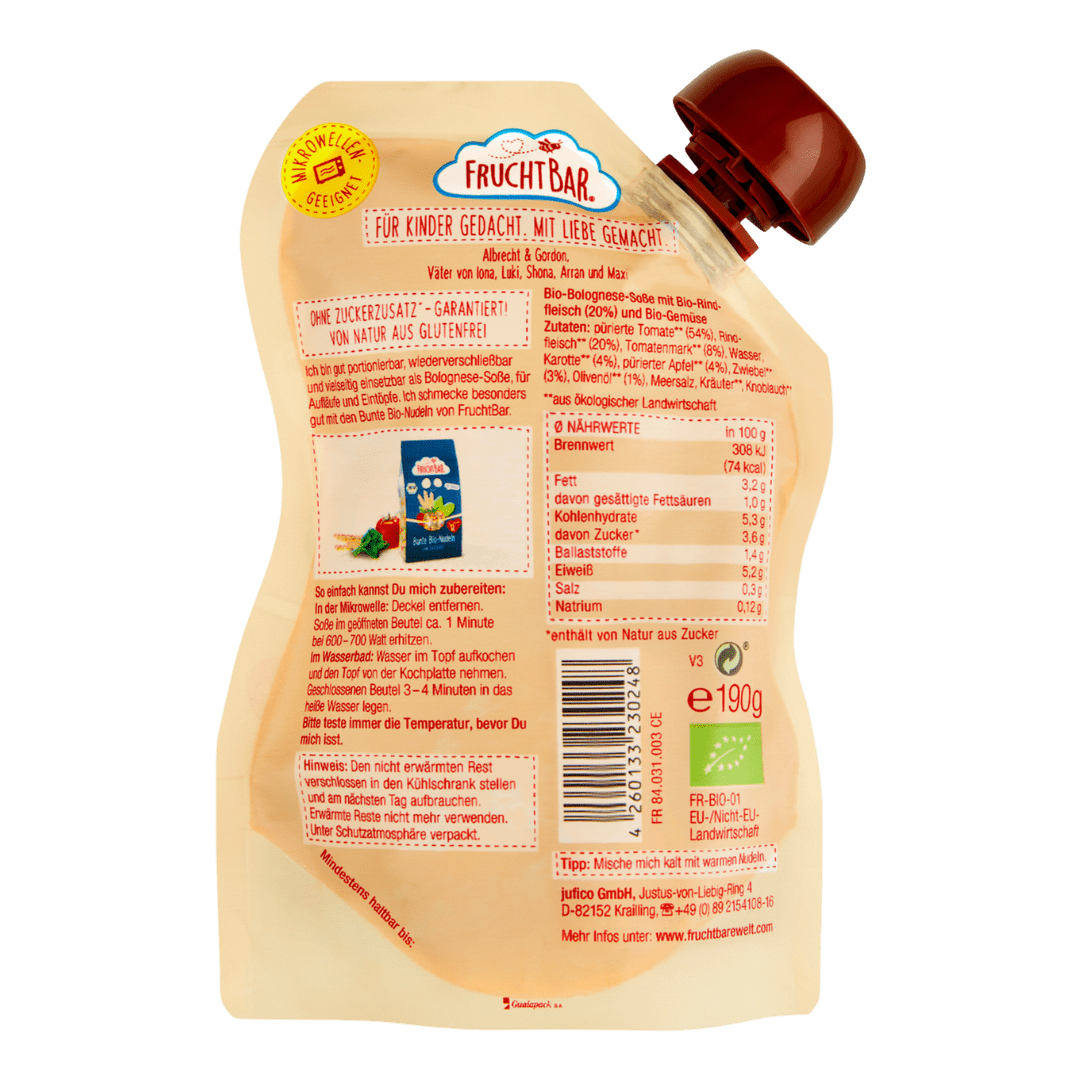 FruchtBar Bolognese Sauce Bébé Bio Pomme Carotte 12 Mois