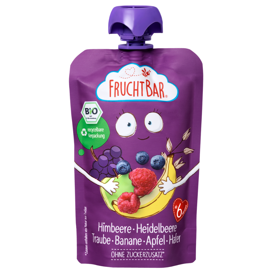 FruchtBar Bio Quetschies framboise myrtille gourde bio