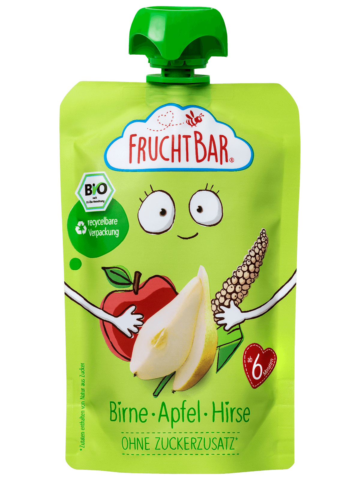 FruchtBar Bio Quetschies poire pomme millet + jouet bois