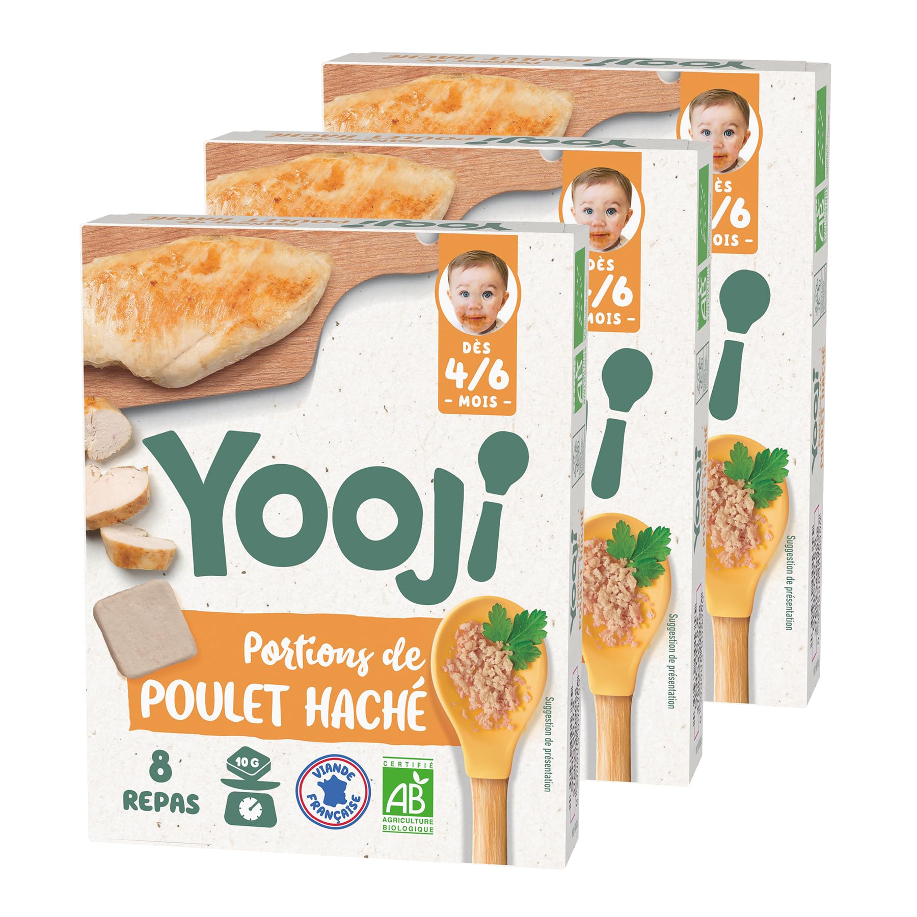 Yooji Haché poulet bio bébé 6 mois surgelé 3 x 80g