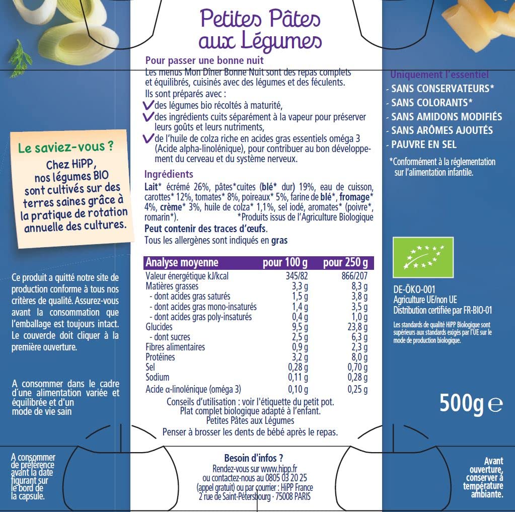 HiPP Bonne Nuit Petites Pâtes Légumes plat bébé bio 6 pots 12 mois