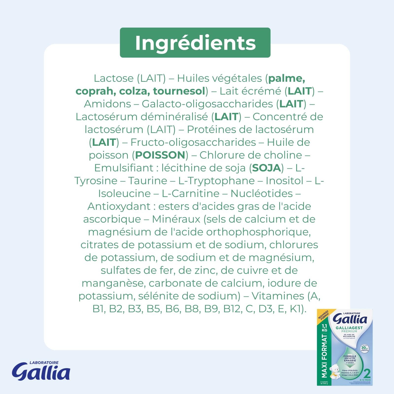Gallia Galliagest Premium 2 Lait Poudre 1,1 kg Lot 3