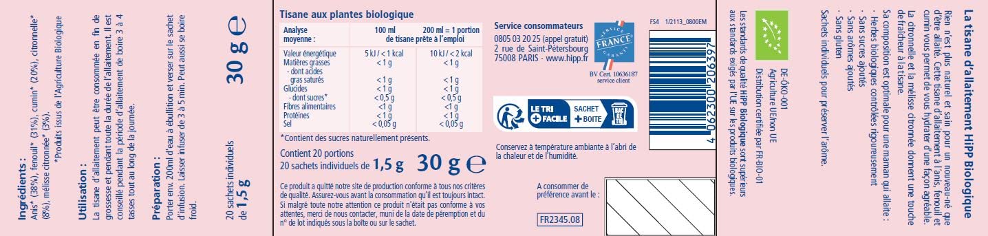 HiPP Tisane Allaitement Maman Fenouil Anis 20 Sachets x6 Bio