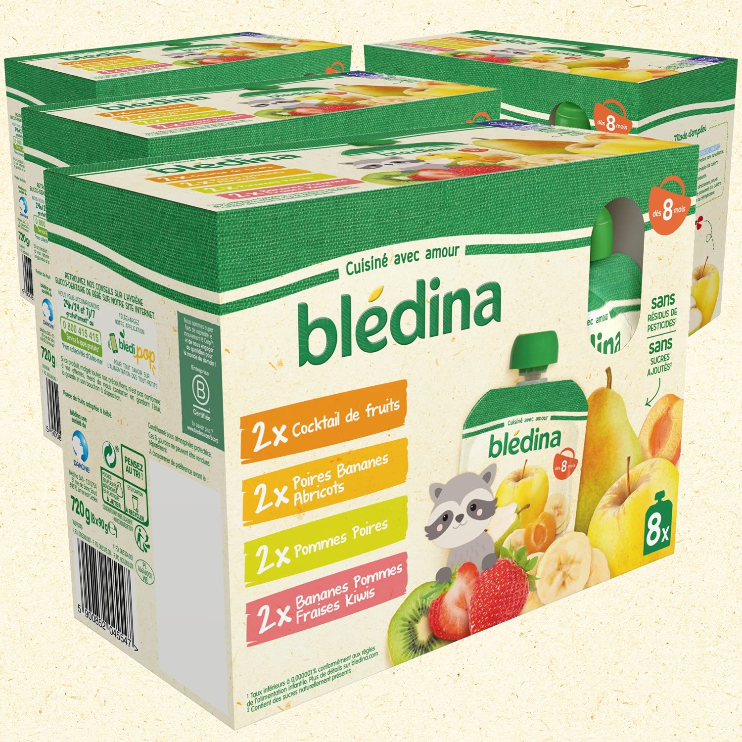 Blédina Gourdes Purées Fruits Cocktail 8 Mois 90g x32 sans Sucres