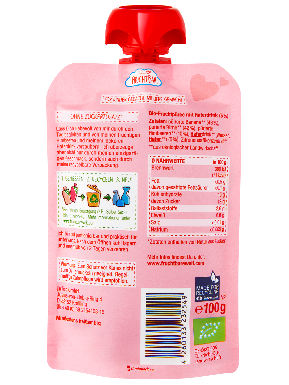 FruchtBar Bio Quetschies Je t'aime Framboise gourde bébé bio