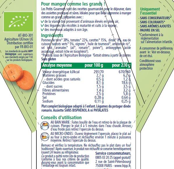 HiPP Petits Gourmets Légumes Dinde Assiette 230 g Bio