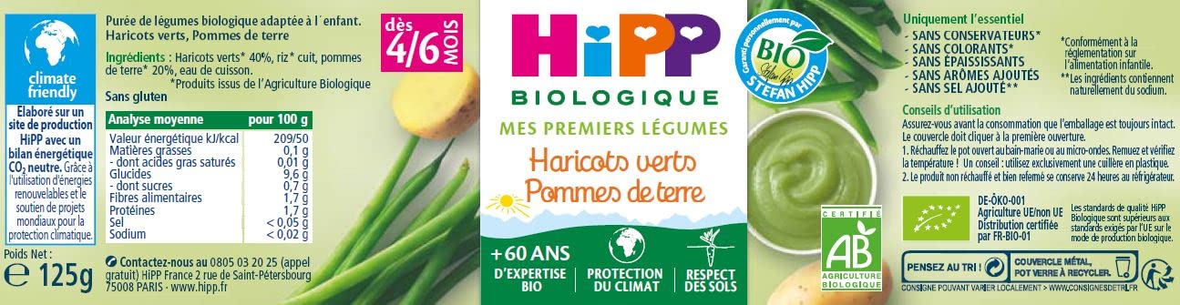 HiPP Biologique Légumes Haricots Verts petit pot 6x125g