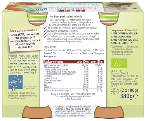 HiPP Petits Mijotés Poêlée Carottes Riz Veau Plat 2x190g