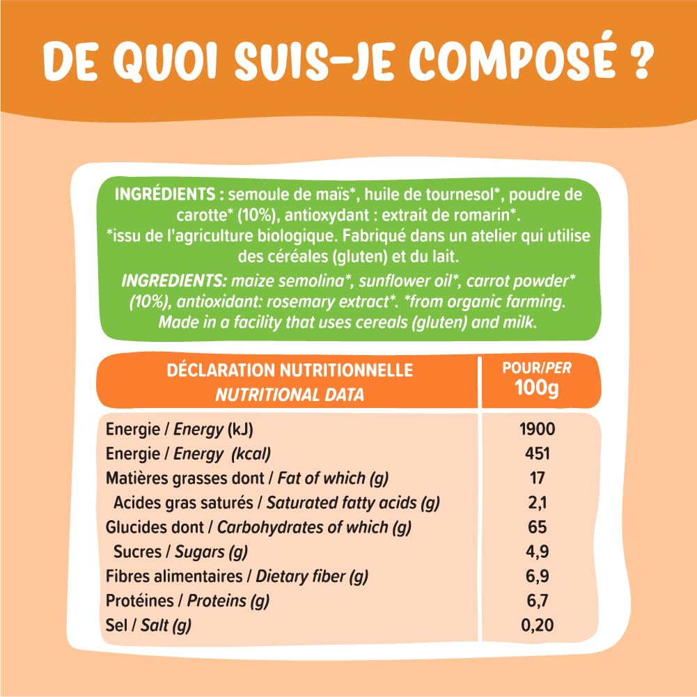 France Bébé Maïs Soufflé Carotte Biscuit Bébé Bio 8x20g