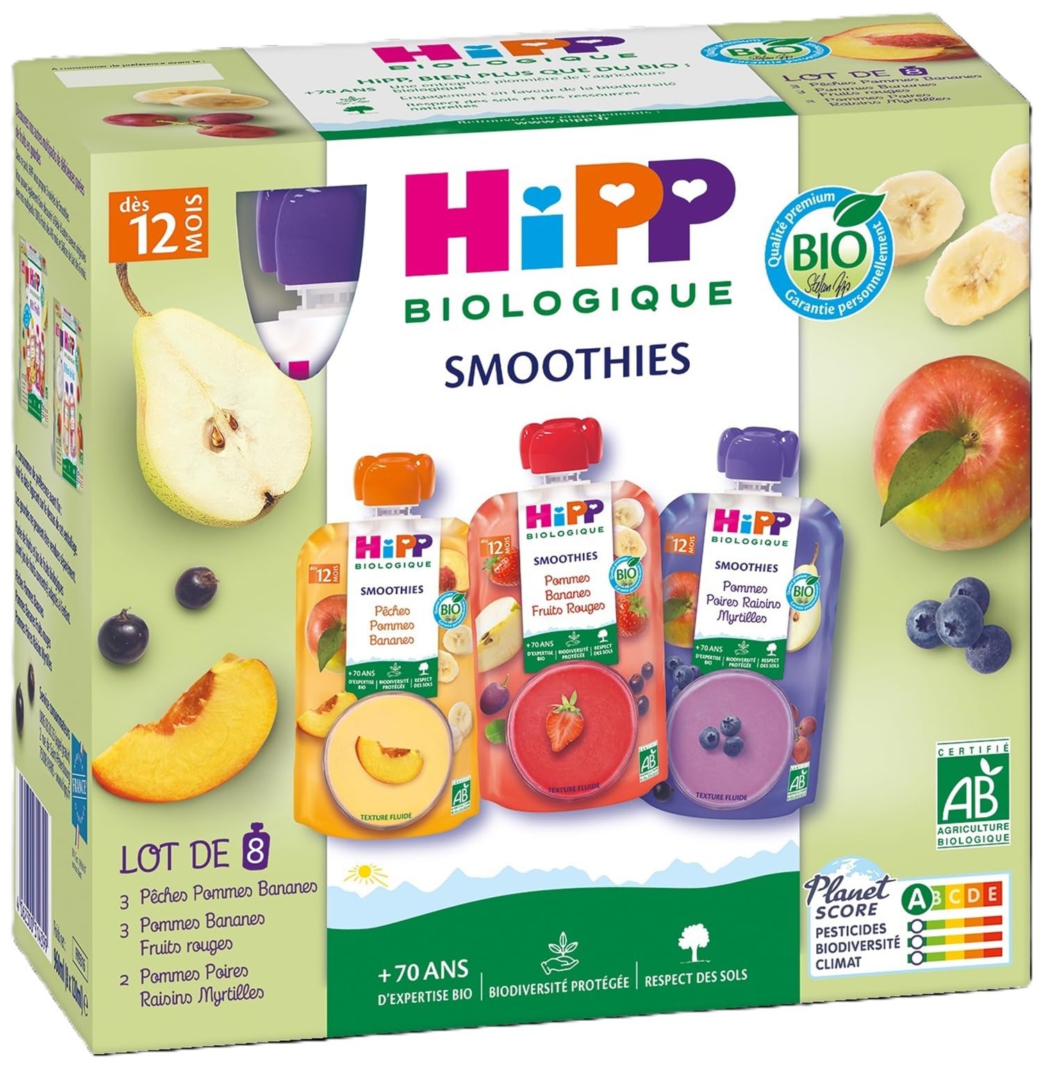 HiPP Smoothies gourde fruits 12 mois 32x120ml 3 parfums bio