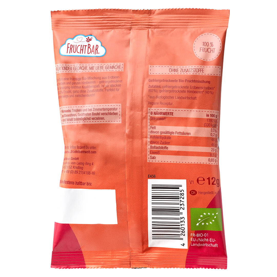 FruchtBar Bio Snacks fruits croustillants fraise framboise 3 ans