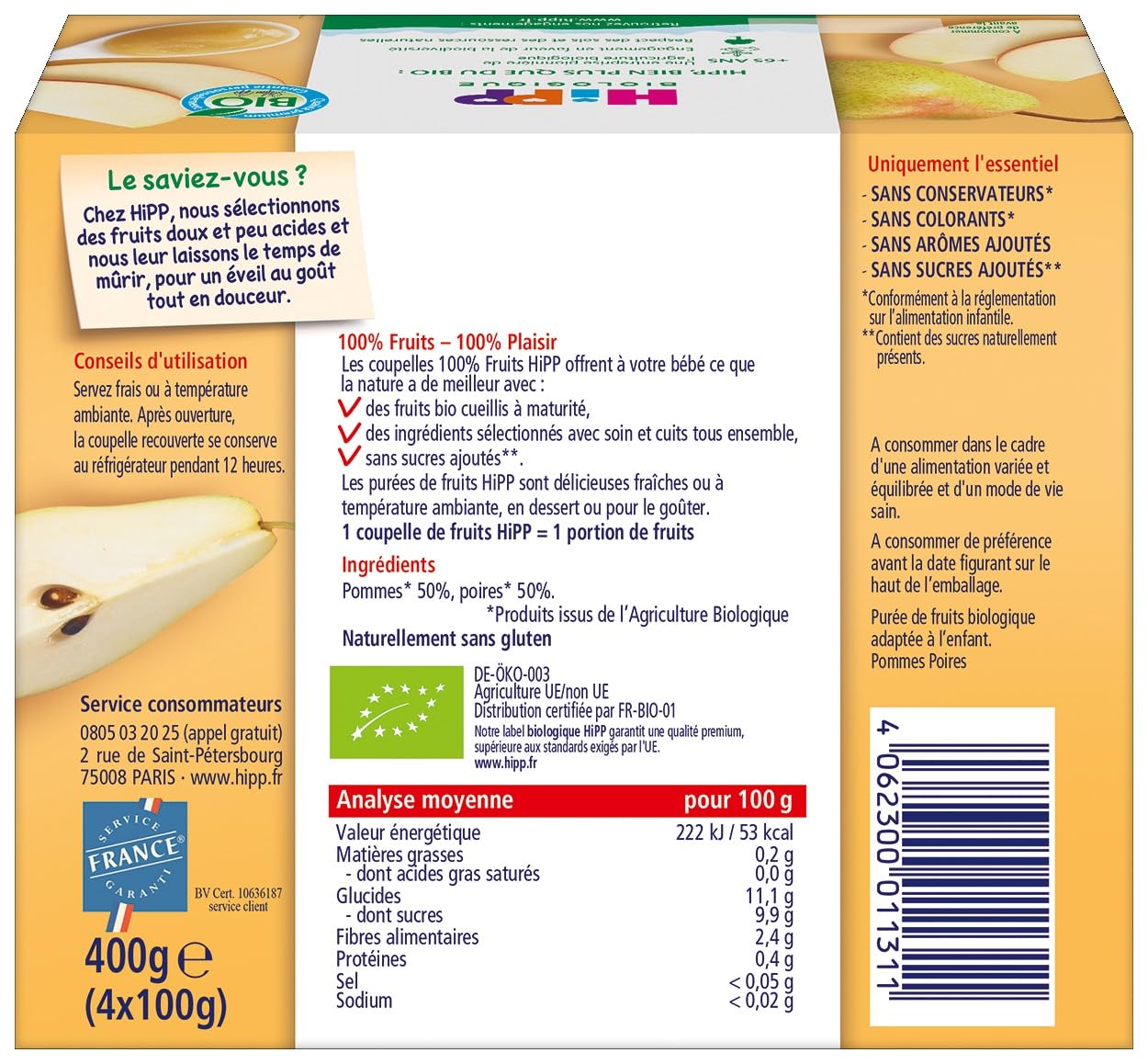 HiPP Fruits coupelles pomme-poire bio 6x4x100g dès 4 mois