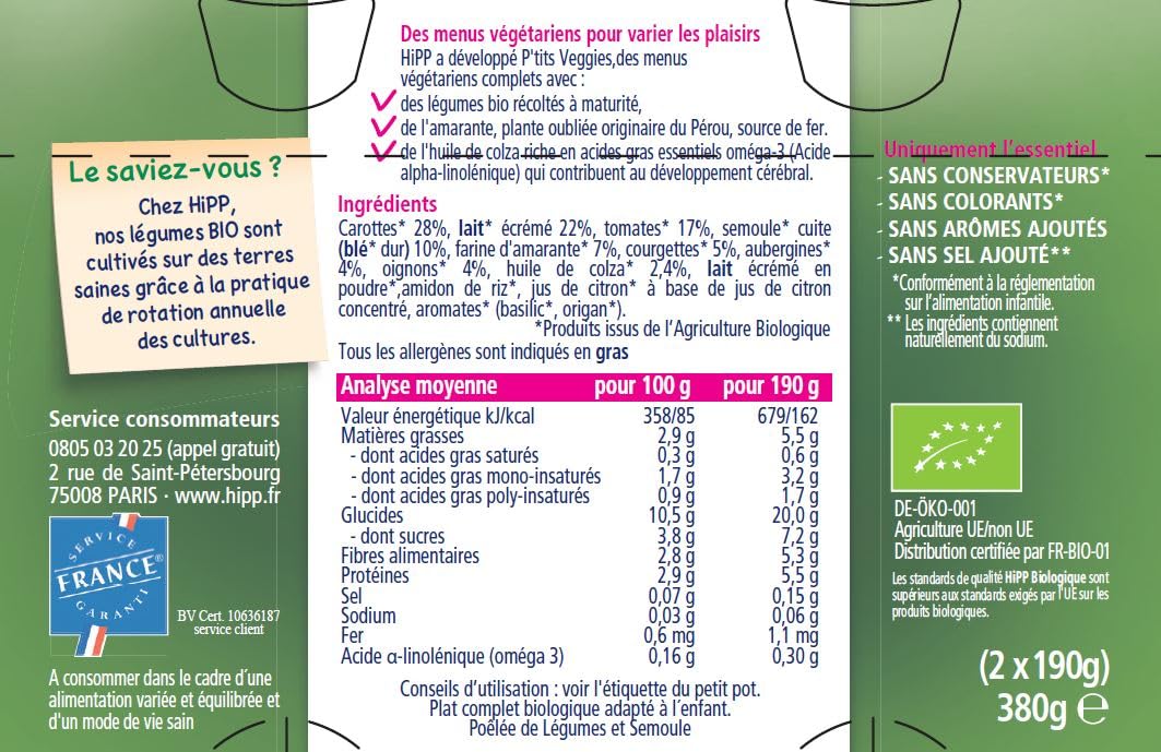 HiPP P'tits Veggies pot légumes semoule riz curry 6 mois 12x190g