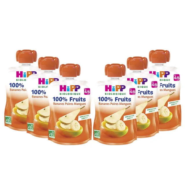HiPP Fruits en gourdes banane poire mangue 6x90g bio