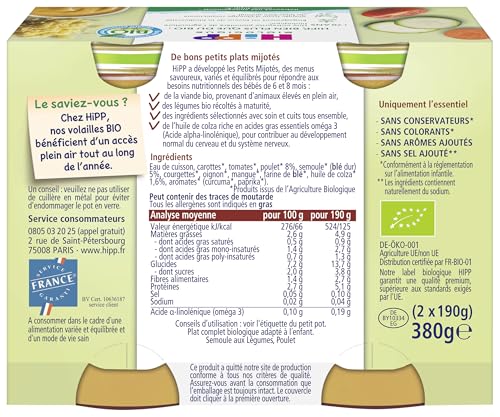 HiPP Menus du midi semoule légumes poulet pot 2x190g