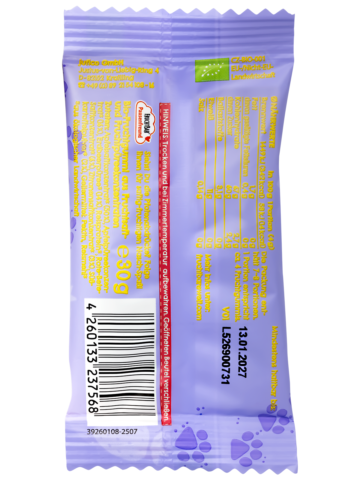 FruchtBar Bio Snacks Fruchtgummi bonbon fruit bio vegan 3 ans