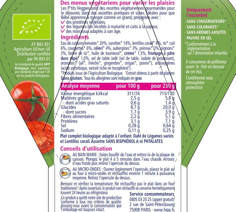 HiPP P'Tits Veggies assiette bébé dahl lentilles 12 mois 230g