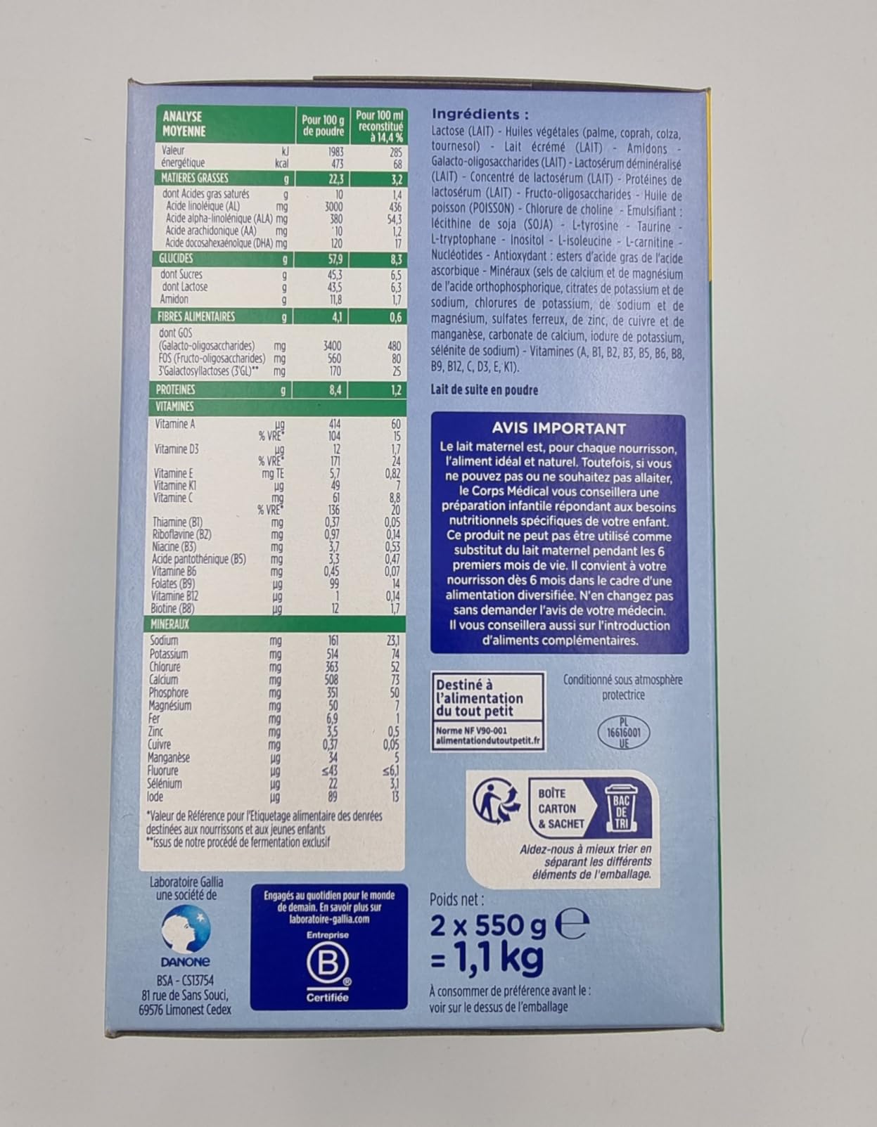 Gallia Galliagest Premium 2 Lait Poudre 1,1 kg Lot 3