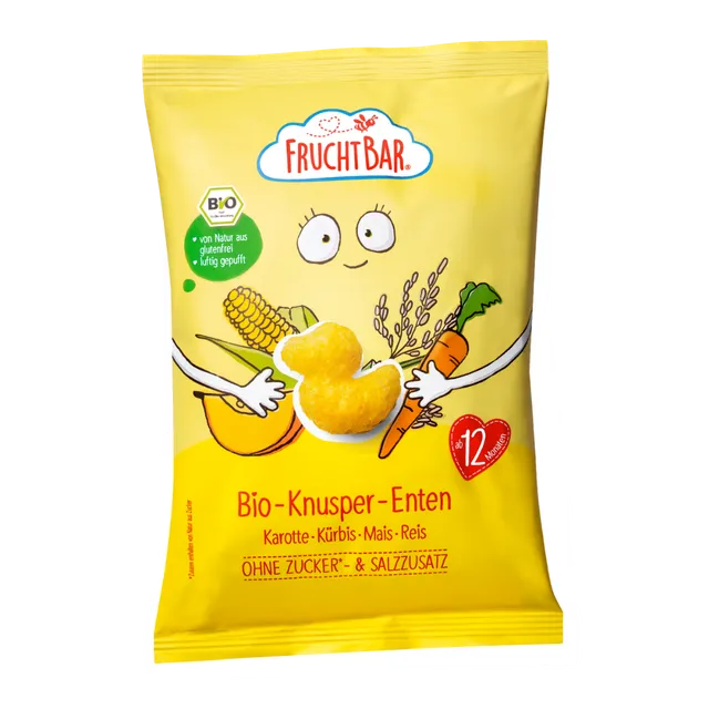 FruchtBar Bio Snacks Knusper Enten snack riz maïs carotte