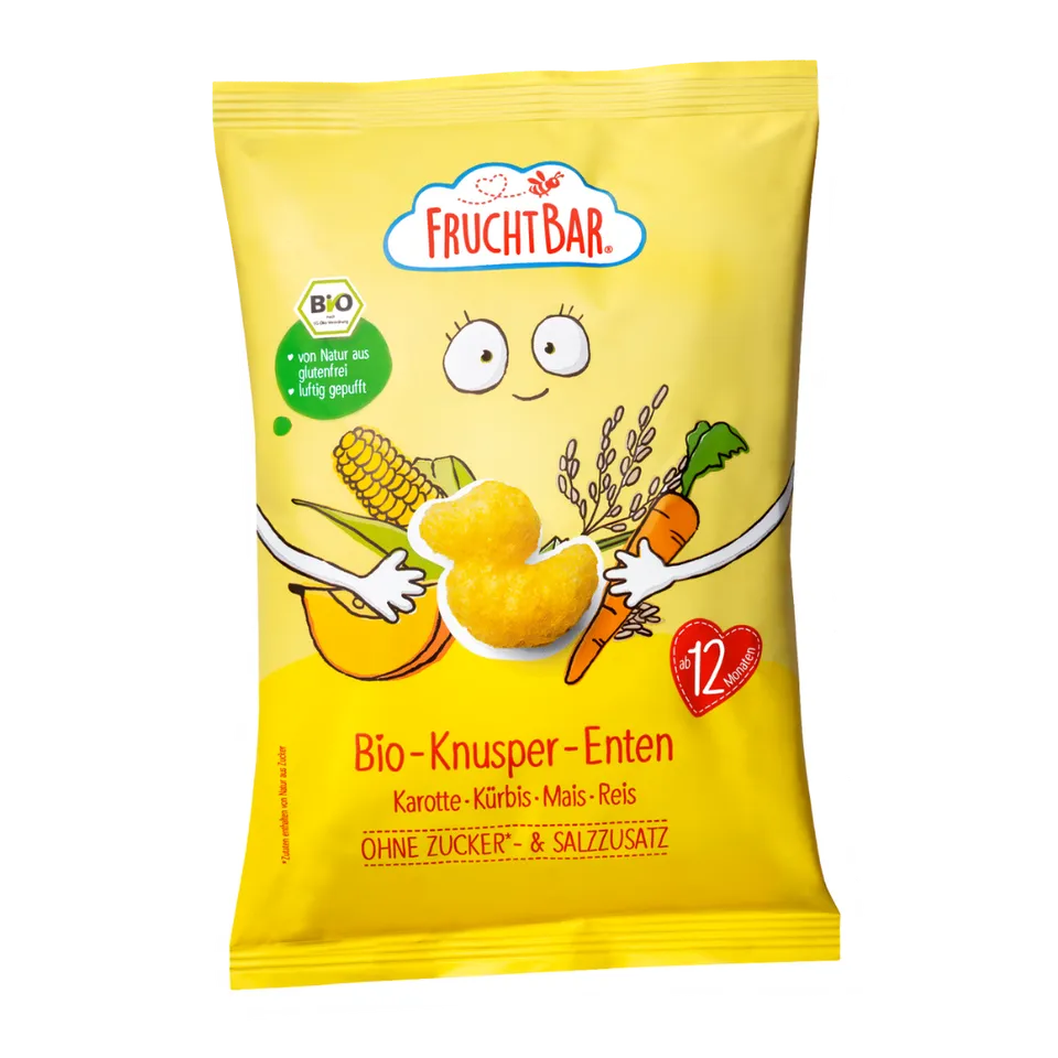 FruchtBar Bio Snacks Knusper Enten snack riz maïs carotte