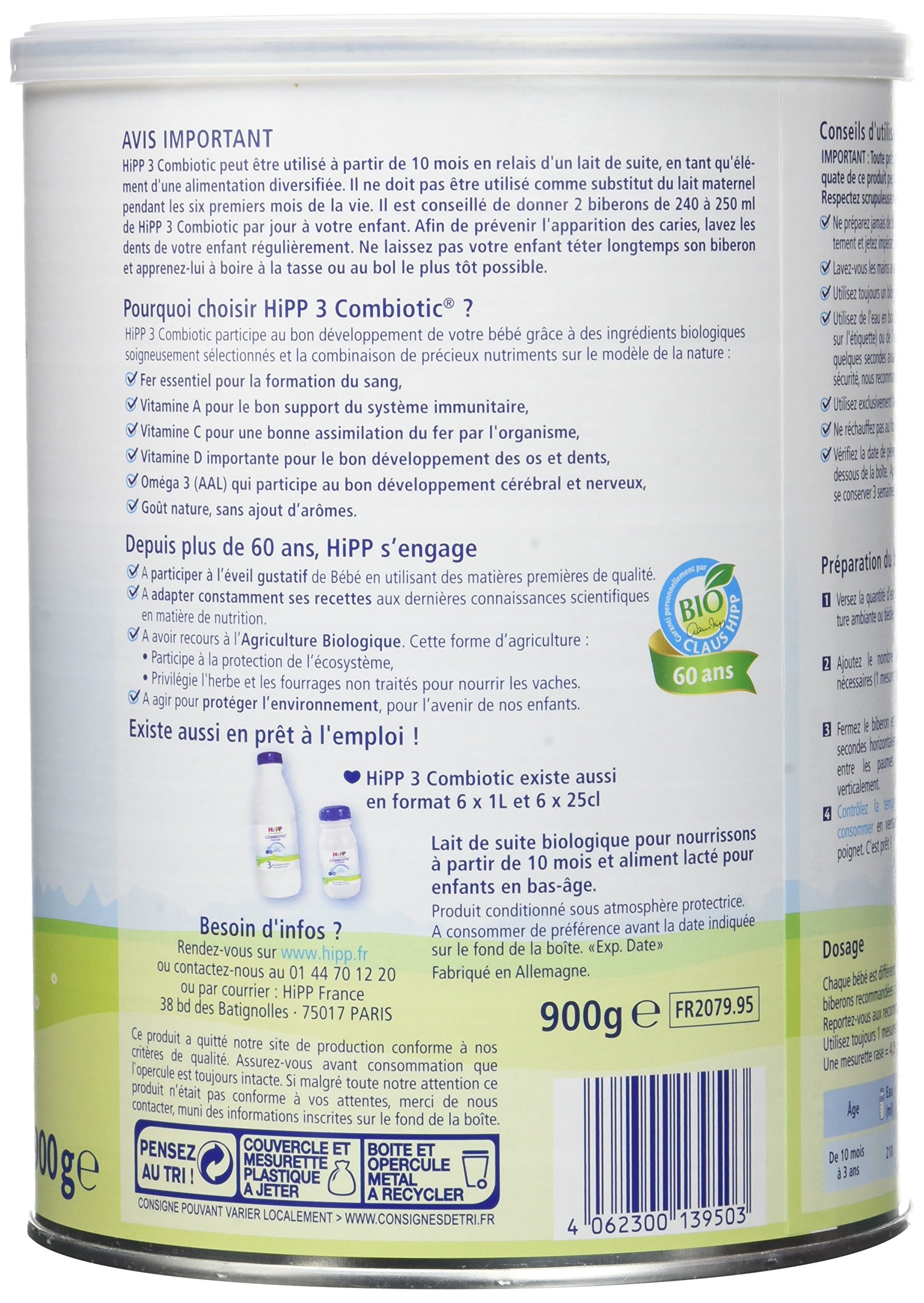 HiPP Combiotic 3 lait croissance 10 mois 3x900g bio nature