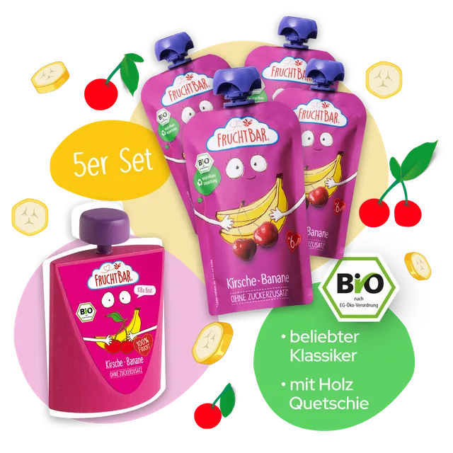 FruchtBar Bio Quetschies compote cerise banane coffret bois 6 mois