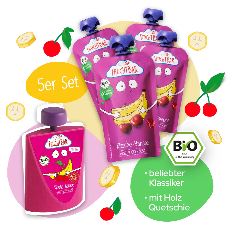 FruchtBar Bio Quetschies compote cerise banane coffret bois 6 mois