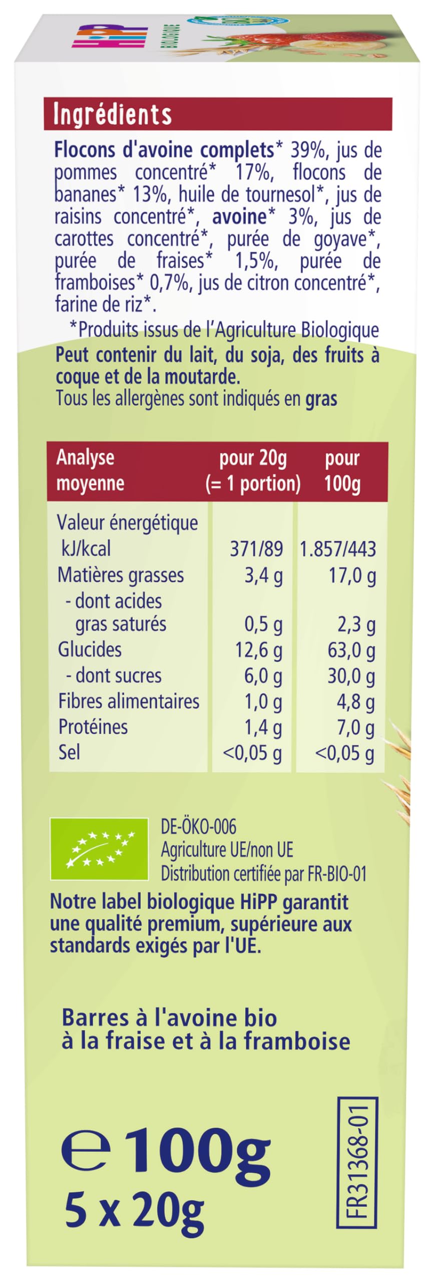 HIPP Goûters et Snacks barres avoine fraises framboises 100g