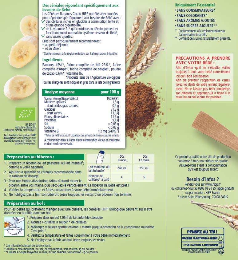 HiPP Céréales Banane Cacao Bébé 8 Mois Bio 6x250g