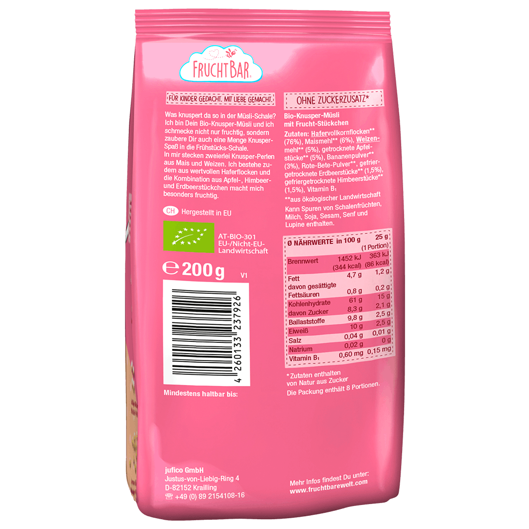 FruchtBar Bio Frühstück Knusper Muesli céréales pomme fraise